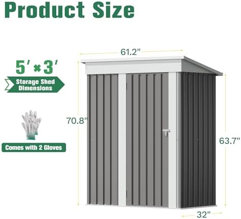 Flamaker 5x3 FT Storage Shed Waterproof Metal Garden Shed with Lockable Door Utility Tool Shed Outdoor Storage for Backyard, Patio and Lawn, Grey - Image 5