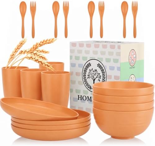 Wheat Straw Dinnerware Sets, Homienly 20pcs Unbreakable Microwave Dishwasher Safe Tableware Lightweight Bowls, Cups, Plates Set Reusable Dinner Plates Bowls set (Orange) by HOMIENLY