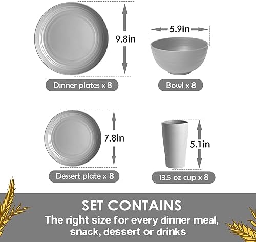 Teivio 32-Piece Plates and Bowls Sets for 8, Light Gray Dinnerware Sets - Image 2
