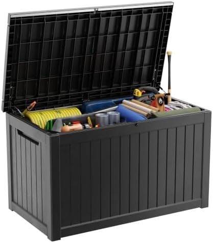 PatioZen 281 Gallon Outdoor Deck Box,Waterproof Resin Outdoor Storage Boxes, Outside Storage Lockable Container for Garden Tools,Indooor Cushions,Accessories (Black) by OutdoorLivingPerfected