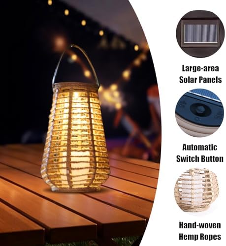 Hanging Solar Lanterns Outdoor Waterproof, Hand-Woven Hemp Rope,10x5.5 Inch - Image 5