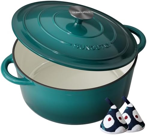 Enameled Cast Iron Dutch Oven, 4.5QT Pot with Lid, Bottle Green by SUNOUTLY