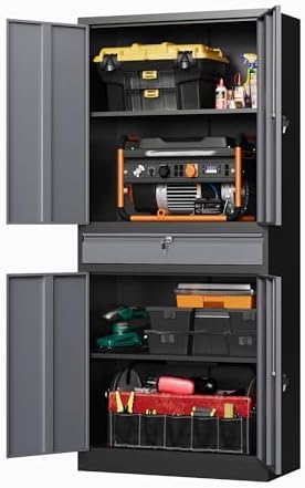 Letaya Metal Garage Storage Cabinet with Drawer,4 Door Tool Cabinet with Lock-2 Adjustable Shelves for Garage Home Office Utility Room (Black & Gray) - Image 6