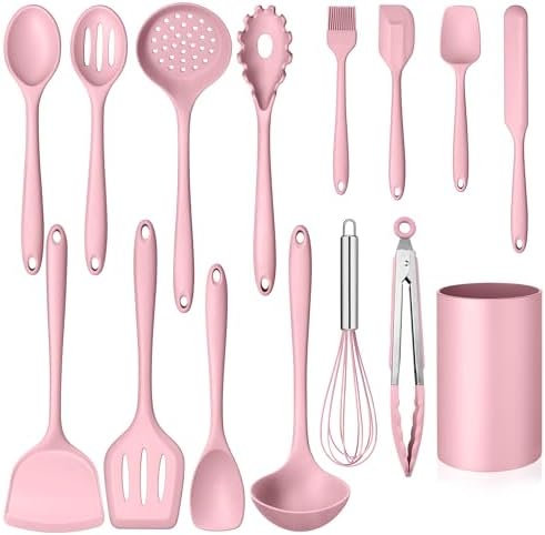 Homikit 15-Piece Kitchen Utensil Set, Pink Silicone Utensils with Holder by Homikit