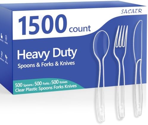 SACATR 1500 Count Clear Plastic Silverware Heavy Duty -Forks, Spoons,Knives by SACATR