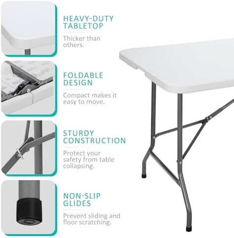 SUPER DEAL 6FT Folding Table for Indoor Outdoor, Portable Heavy Duty Fold-in-Half Plastic Dining Picnic Party Camping Table with Carrying Handle - Image 4