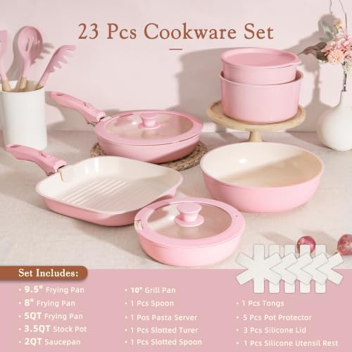 Astercook 23 Pcs Pots and Pans Set Non Stick, Ceramic Cookware Set Detachable Handle, RV Kitchen Cooking Set Removable Handles, Oven Safe, Induction Ready, Stackable, Pink, Mothers Day Gifts - Image 3