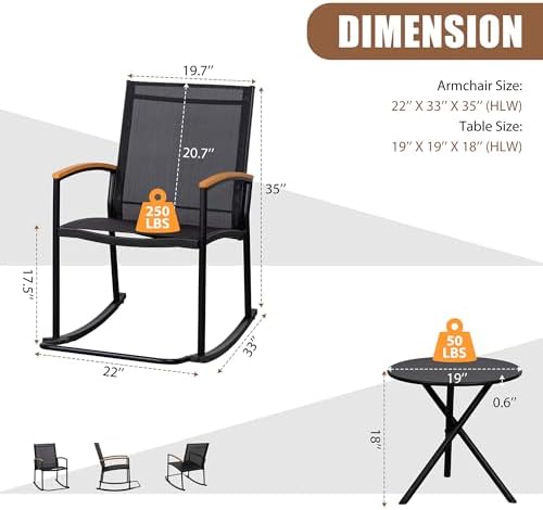 Shintenchi 3 Piece Outdoor Rocking Bistro Set, Textilene Fabric Small Patio Furniture Set, Front Porch Rocker Chairs Conversation Set with Table for Lawn, Garden, Balcony, Poolside (Black) - Image 3