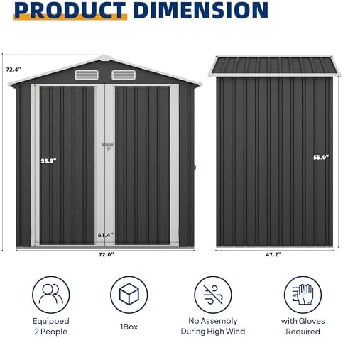 UDPATIO 6x4 FT Metal Storage Shed,Outdoor Shed,Garden Shed for Patio,Grey - Image 3