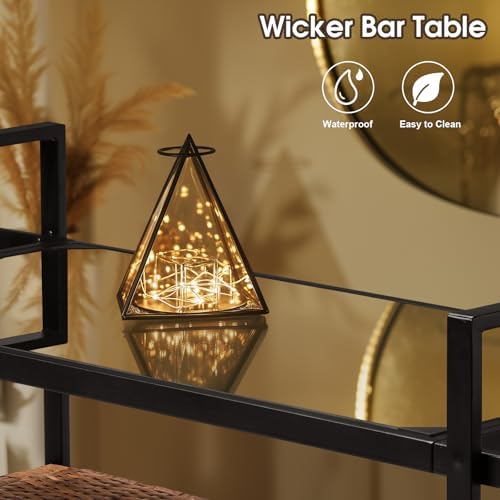 VINGLI Wicker Outdoor Bar Cart with Storage and Wheels, Outdoor Bar Table Serving Cart Rattan Bar Cart with Glass Top and Shelf for Pool, Party, Backyard, Porch (Brown) - Image 7