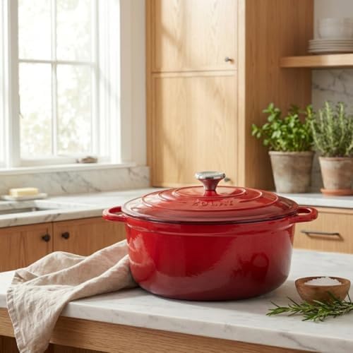 Zulay Kitchen 7.7 Quart Enameled Cast Iron Dutch Oven Pot with Lid – Premium Durability & Oven Safe up to 500°F – Heavy Duty Cookware Perfect for Bread Baking, Stews, Braising & Roasting – Ablaze Red - Image 2