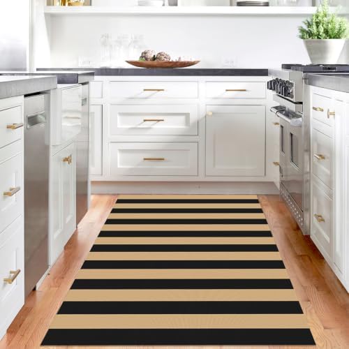 IOHOUZE 4x6 Striped Outdoor Rug, Washable Front Porch Doormat, Black/Tan - Image 2