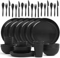 36 Pcs Wheat Straw Dinnerware Set,Dinnerware Sets for 6,Large Round Plates, Bowls and Cups, Unbreakable dish set, Dishwasher and Microwave Safe, Outdoor Camping Dishes (Black) by SHECIPIN