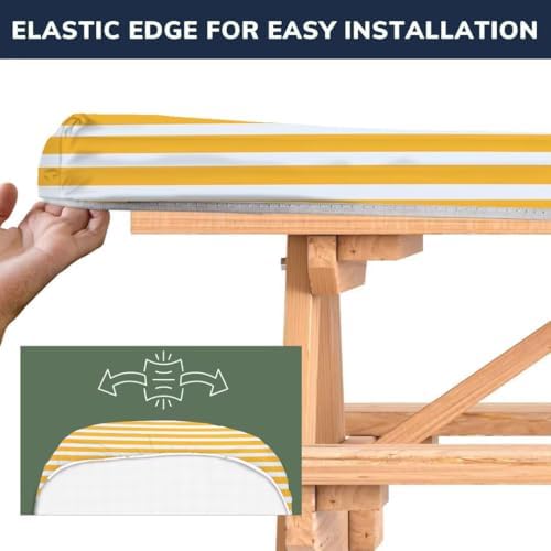 CAPSCEOLL Fitted Picnic Table Cover with Bench Covers 8ft - Yellow White - Image 3