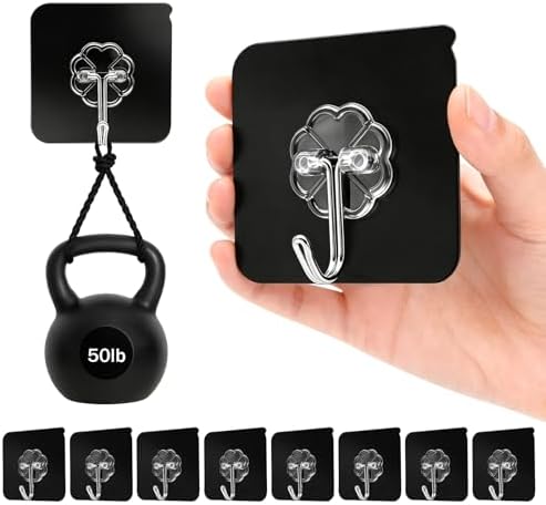 DDMY Heavy Duty Adhesive Hooks for Hanging 50lb(Max) Black Wall Hooks with Strong Sticky,No Damage Removable Hook Waterproof & Reusable for Bathroom, Kitchen, Shower, Outdoor Decor -8 Pack by DDMY