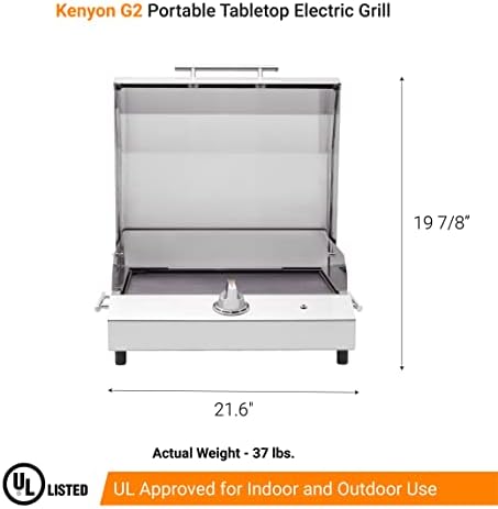 Kenyon G2 Portable Tabletop Electric Grill, 1440W Single Burner, Stainless Steel Body, Cast Aluminum Grate, UL Approved Grill For Indoor And Outdoor Use, Removable Lid, Dishwasher Safe, 120Volts - Image 2