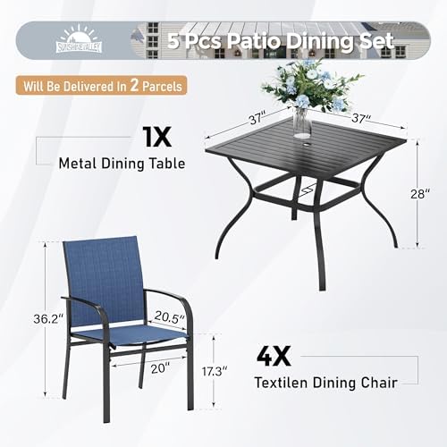 SUNSHINE VALLEY 5pc Patio Dining Set, 37" Square Table & 4 Blue Chairs - Image 4