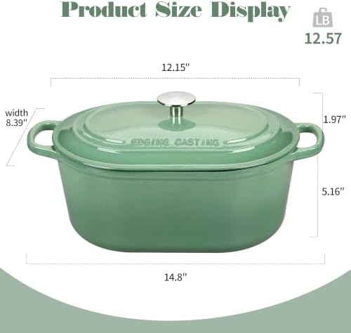 EDGING CASTING Enameled Cast Iron Oval Dutch Oven, 6QT, Sage Green - Image 2