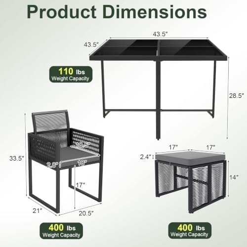 Tangkula 9 Pieces Patio Dining Set, Outdoor Space-Saving Furniture Set with PE Rattan Chairs, Tempered Glass Table and Ottomans, Outdoor Sectional Conversation Set with Cushions for Yard - Image 6