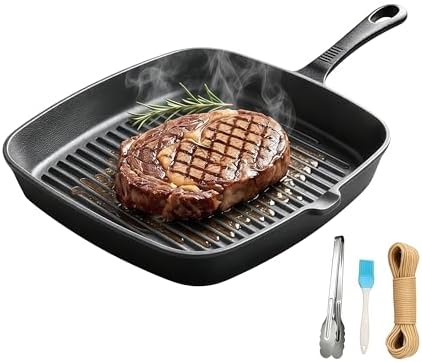 Cast Iron Grill Pan, 9.5" Square Griddle Skillet with Pour Spout, Oven Safe by Unknown