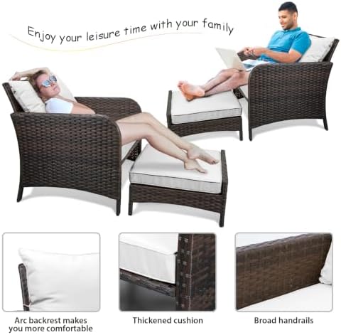 LEVELEVE Balcony Furniture 5 Piece Patio Conversation Set, PE Wicker Rattan Outdoor Lounge Chairs with Soft Cushions 2 Ottoman&Glass Table for Porch, Lawn-Brown Wicker（Ivory White - Image 4