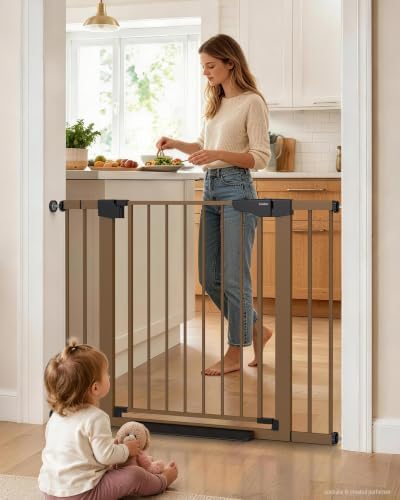 Cumbor 30-43" Wide Baby Gate, Auto-Close Walk-Through Safety Gate, Brown by Cumbor