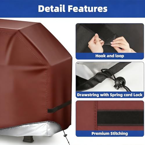 BBQ Gas Grill Cover for Outdoor, Anti-UV, Rip-Proof, 600D Oxford Fade Resistant Material, Barbecue Cover with Hook and Loop Straps & Adjustable Hem Drawstring (Reddish Brown, 32”x26”x43”) - Image 3