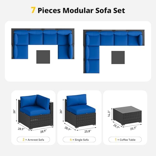 Aoxun Patio Furniture Set with Umbrella, 8 Piece Outdoor Sectional Sofas, Wicker Rattan Outdoor Furniture with Thickened Cushion for Backyard, Garden Navy Blue - Image 7