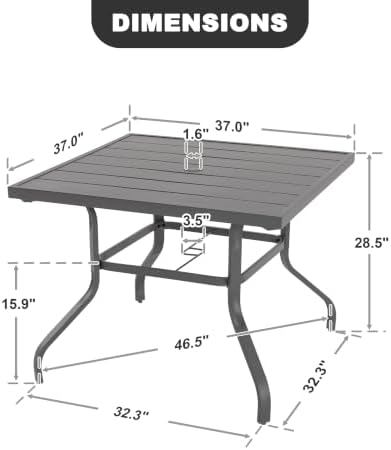 NUU GARDEN 37" Outdoor Patio Table, Square Steel Slat Dining Table for 4 with 1.57" Umbrella Hole, Powder-Coated Iron Frame and Slatted Top for Patio, Garden and Balcony, Gray - Image 3