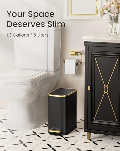 Cesun Small Bathroom Trash Can with Gold Grimmed Lid & Pedal, 1.3Gal, Black - Image 3