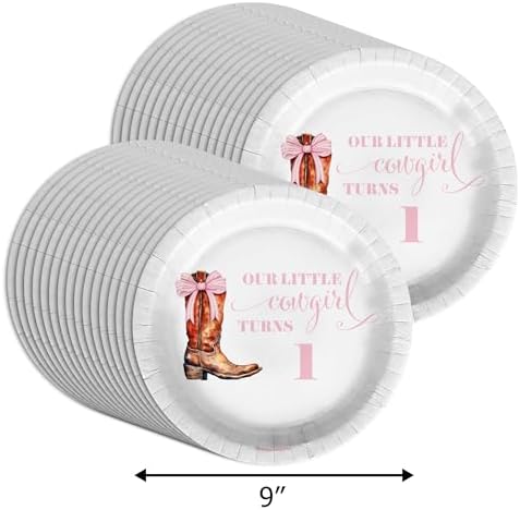 Pink Bows Cowgirl First Birthday - 32 Piece Disposable Party Supplies - Decorations for Girl's 1st Birthday Round Party Plates - Large 9" Paper Plates In Bulk - Image 2