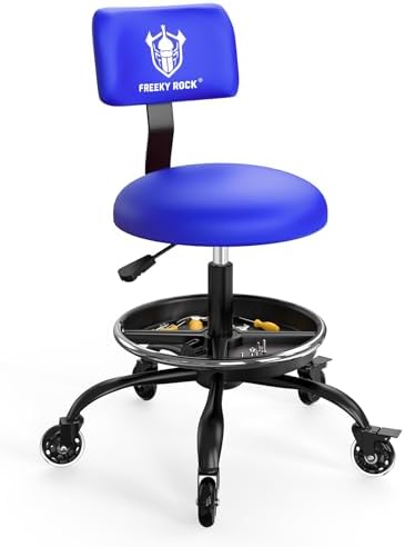 Rolling Shop Stool with Wheels, Garage Mechanic Stool Chair with Backrest, Height Adjustable Heavy Duty Swivel Task Chair, Adjustable Footrest with Storage Tray for Garage Kitchen Salon Tattoo (Blue) by FREEKYROCK