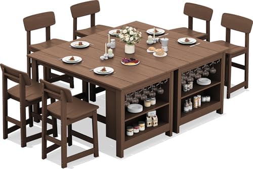 SERWALL 8-Piece Outdoor HDPE Counter-Height Bar Dining Set for 6, Brown by SERWALL