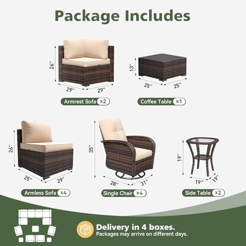 Aoxun 13 Piece Outdoor Patio Furniture Set with Coffee Table, Wicker Rattan Outdoor Furniture with High Back Swivel Rocker Chairs, Outdoor Conversation Set with Thick Cushion & Side Table, Beige - Image 2