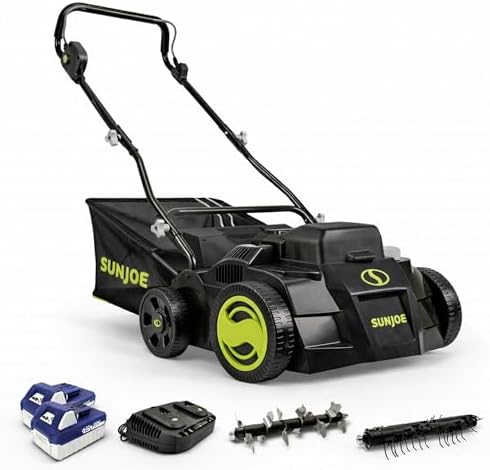 Sun Joe Cordless Scarifier & Dethatcher with 5 Depth Positions & 600W Brushless Motor, 15-Inch Cutting Width - Heavy-Duty Yard Trimmer Machine for Gardening Care and Lawn Maintenance, 24V-X2-DTS15 by SunJoe