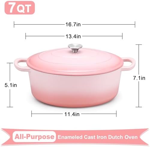 E-far 7QT Oval Dutch Oven Pot with Lid, Pink Enameled Cast Iron Dutch Oven - Image 2