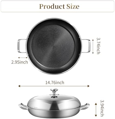 DELARLO Paella Pan With Lid 14 Inch Tri-Ply Large Stainless Steel Nonstick Frying Pan,Induction Skillets,Fast Heating Cookware,Indoors Outdoors,paelleras para 12 personas Jumbo Cooker - Image 3