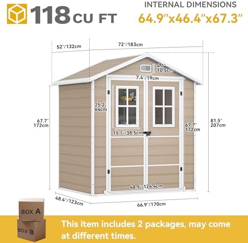 DWVO 6x4.4 FT Outdoor Storage Shed, Plastic Garden Tool Shed with 2 Windows, Double-Wall Outside Shed for Lawn Mower, Garden Tool for Backyard, Patio, Lockable, Beige - Image 4