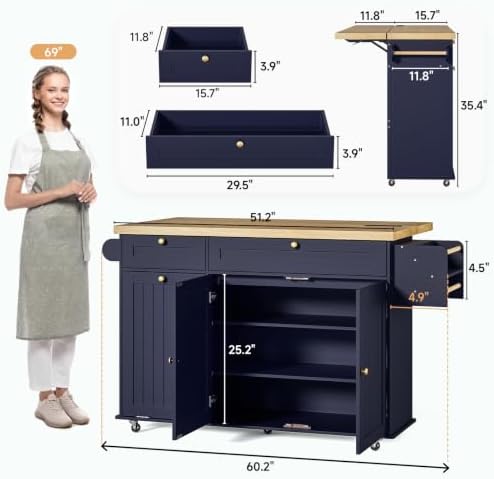 ONBRILL 60" Kitchen Island with Trash Can Storage, Rolling Island Table - Image 2