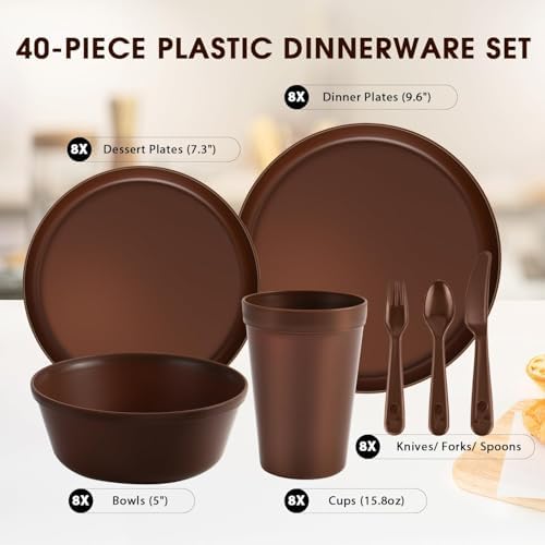 40 Piece Plastic Dinnerware Set for 8 with Cutlery, Unbreakable Plates and Bowls Set, Dishwasher & Microwave Safe Reusable Dish Set for Camping, RV, Outdoor Kitchen, Apartment Dining, Brown - Image 2
