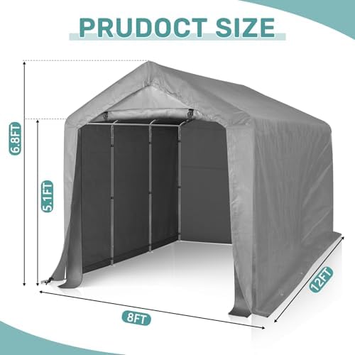 VINGLI Outdoor Portable Storage Shed, Heavy Duty Bike Tent with Roll-up Zipper Door, Waterproof and UV Resistent Carport for Motorcycle, Garden Tools and Firewood (Gray, 8x12x6.8 FT) - Image 3