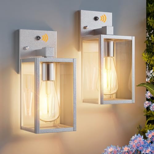 2 Pack Silver Dusk to Dawn Exterior Lighting Fixtures Wall Mount, Sensor Outside Front Porch Lights for House, Outdoor Lantern Lamp, Waterproof Wall Sconce Lights, Coach Light for Garage Entryway by Unknown