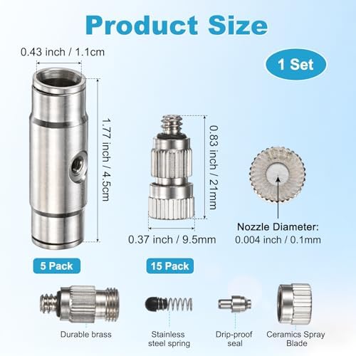 M METERXITY 20-Pack Brass Misting Nozzle Tee Kit, 0.1mm Orifice Dia. High Pressure Spray Misting Nozzle Head, Slip Connectors for 3/8 Inch Drip Irrigation Tubing Kit Outdoor [3/16" Threaded] - Image 3