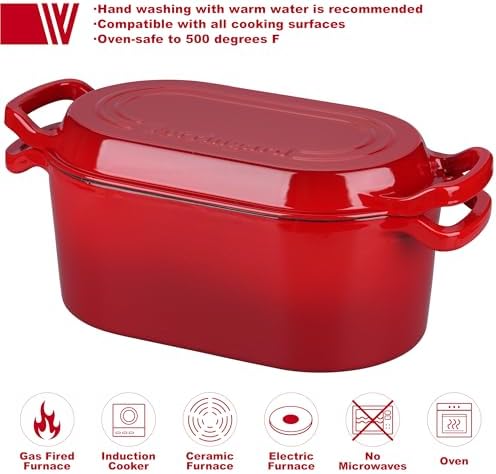 VORRINGARD Oval Dutch Oven Pot with Lid, Enamel Coating Cast Iron Bread Pans for Homemade Sourdough Bread Baking, Cooking, 4 Quart, Red - Image 3