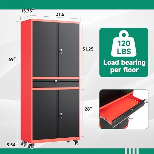 Letaya Metal Garage Storage Cabinet with Wheels,Rolling Tool Cabinet with Adjustable Shelves and Drawer for Garage Home Utility Room (Red) - Image 3