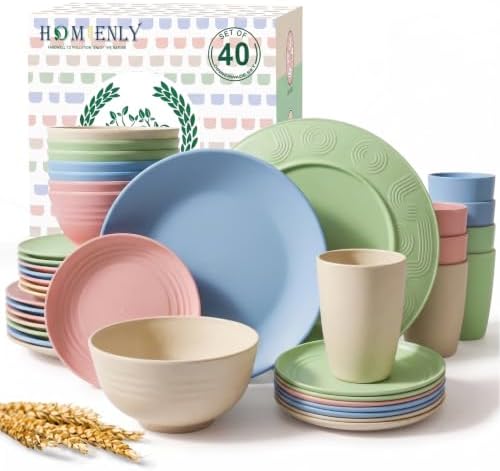Homienly Kitchen Plates and Bowls Set 40 PCS Microwave and Dishwasher Safe Wheat Straw Dinnerware Sets Dish Sets for 8 Kitchen Plate Set for Camping, RV, Party, Apartment, Picnic, Kids-Multilight by HOMIENLY