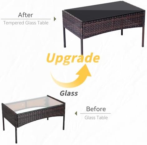 Patio Furniture Set 4 Pieces, Outdoor Rattan Furniture with Tempered Glass Coffee Table, Modern Rattan Patio Chairs Conversation Sets with Sofa for Garden, Terrace, Porch, Lawns Brown/Beige - Image 3