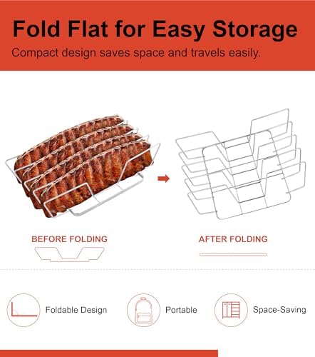 Rib Rack for Smoking – Foldable Extra Long Stainless Steel Rib Holder for 4 Ribs Upright – Fits 18" Smoker, Weber, Kamado, Traeger – BBQ Grill Accessories for Men & Meat Lovers - Image 4