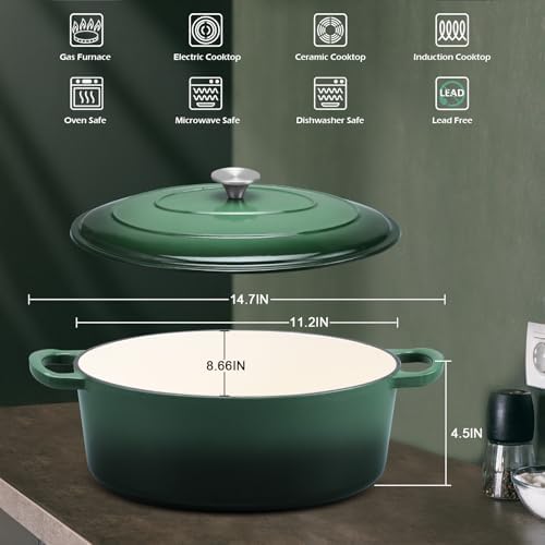 Leonyo 5-Quart Enameled Cast Iron Oval Dutch Oven Pot with Lid, Emerald - Image 2