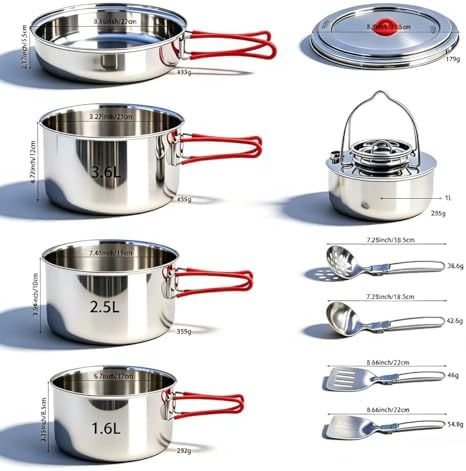 Foldable 18/8 Stainless Steel Camping Cookware 11pcs for 4-8 People - Image 2